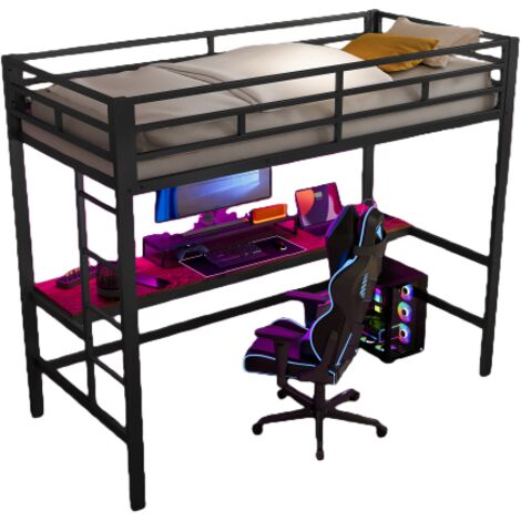 Lit mezzanin effent Lit simple 90x200 cm avec bureau connecté (USB, prises) - LED - noir