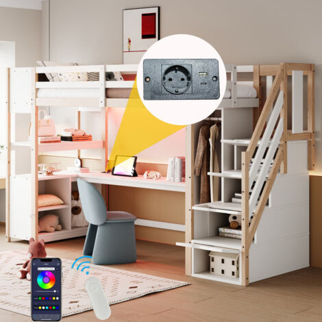 Lit Mezzanine 1 Place 90x200 cm avec LED et Prise UE, Lit Enfant en Bois avec Armoire, Grand bureau et  Rangements, Lit en Hauteur, Bois