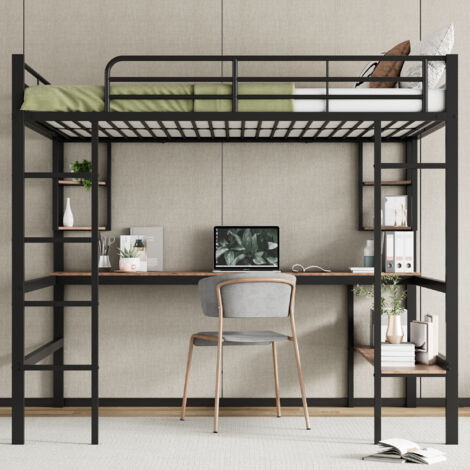 Lit mezzanine 140 x 200 cm avec bureau, 4 étagères triangulaires, bibliothèque et échelle, structure en métal et MDF - noir