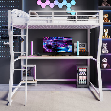 Lit mezzanine 140 x 200 cm avec bureau, étagère pour unité centrale, prise + USB, éclairage LED et structure en métal et MDF - blanc