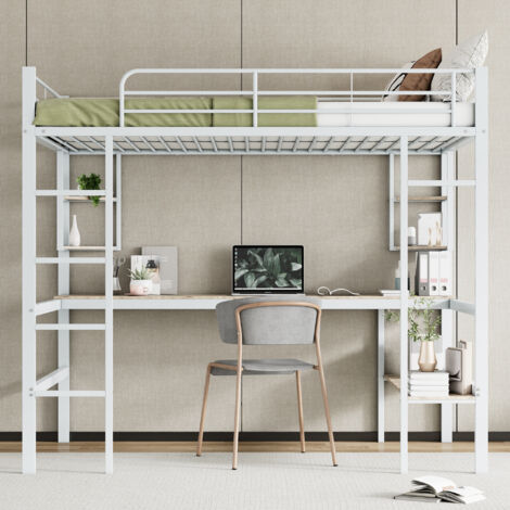 Lit mezzanine 140 x 200 cm avec bureau, étagères, bibliothèque et échelle, structure en métal et MDF - blanc