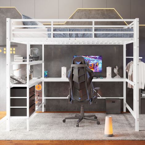 Lit mezzanine 140 x 200 cm avec bureau, prise + USB, 3 tiroirs, étagères, barre de suspension, éclairage LED, structure en métal et MDF - blanc