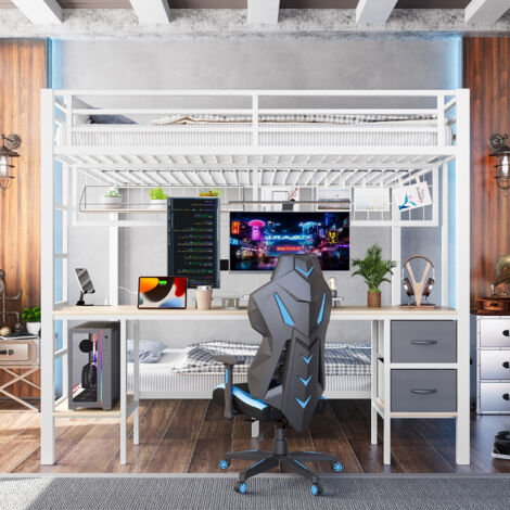Lit mezzanine 140 x 200 cm avec bureau, tiroirs, étagères, panneau grillagé et éclairage LED 7 couleurs, structure en métal et MDF - blanc
