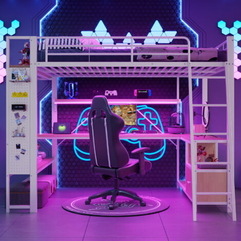 Lit mezzanine 140 x 200 cm avec LED, bureau, étagères, stockage et prises USB,blanc