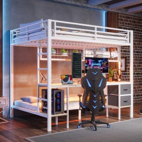 Lit mezzanine 140 x 200 cm cadre métal blanc avec tiroirs, étagères, bureau, LED, sans matelas