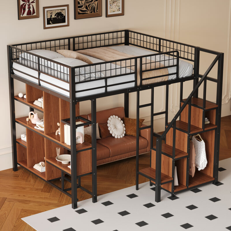 Hauss Spole - Lit mezzanine 140 x 200 cm, lit en métal, avec rangements étagères, armoire, lit enfant/adulte/ado, sans matelas, noir