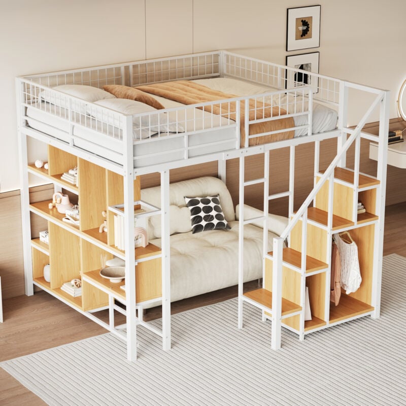 Hauss Spole - Lit mezzanine 140 x 200 cm, lit en métal, avec rangements étagères, armoire, lit enfant/adulte/ado, sans matelas, blanc