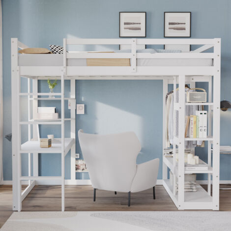 Lit mezzanine 140 x 200 cm, lit enfant avec bureau et cintre, protection antichute, escalier, cadre de lit en bois massif, design moderne, Blanc