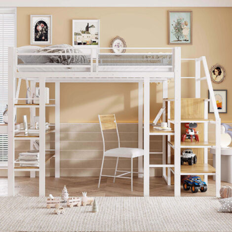 Lit mezzanine 140 x 200 cm, lit enfant avec bureau et rangements à plusieurs niveaux, design haute clôture, sommier métallique, design moderne, Blanc