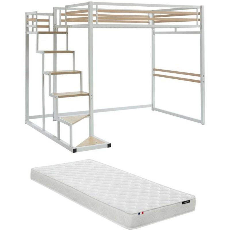 Vente-unique - Lit mezzanine 140 x 200 cm - Métal et mdf - Blanc + Matelas - jogui
