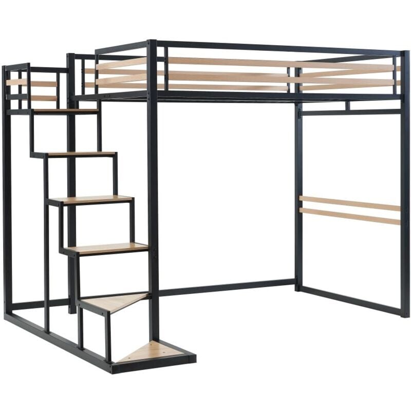 Lit mezzanine 140 x 200 cm - Métal et MDF - Noir et naturel - JOGUI