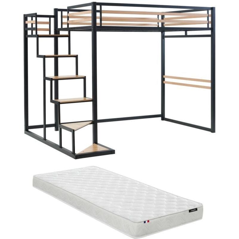 Lit mezzanine 140 x 200 cm - Métal et MDF - Noir et naturel + Matelas - JOGUI