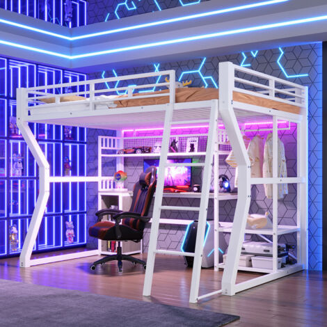 Lit mezzanine 140 x 200 cm, structure en fer, éclairage intégré, prise électrique, penderie, bureau, rangements, étagères, sans matelas, blanc