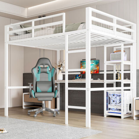 Lit mezzanine, 140 x 200 cm, structure en fer, plusieurs étagères, bureau avec prise électrique, port USB-C, rambarde, échelle, sans matelas, blanc