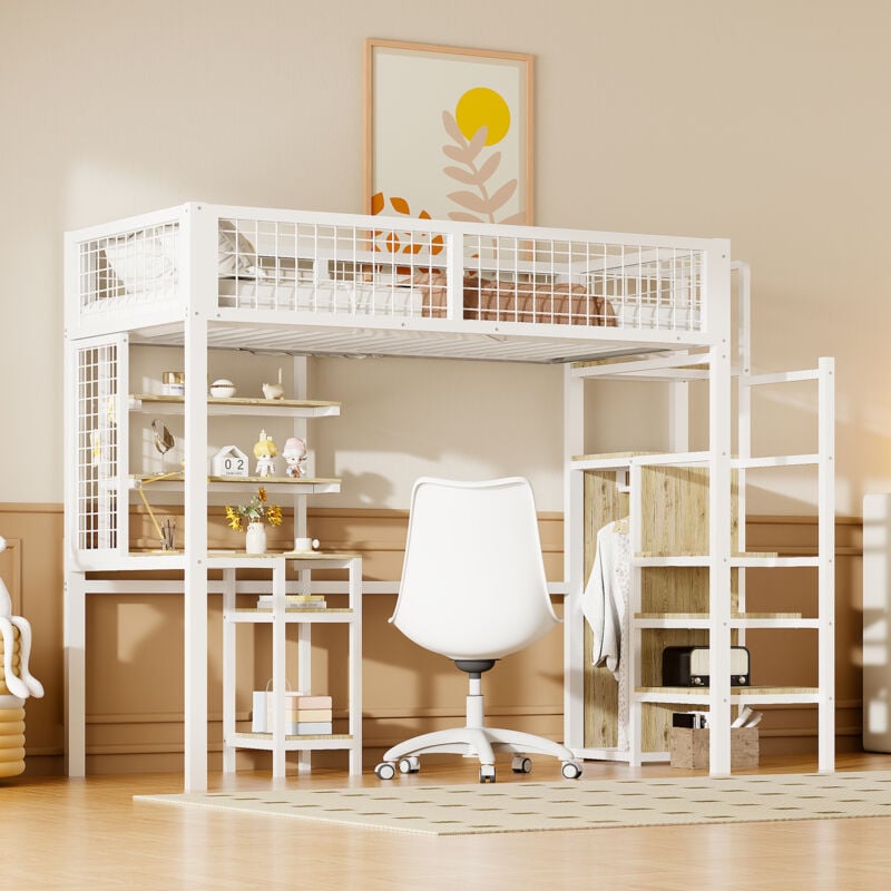 Lit mezzanine 90x200 avec échelle de sécurité, lit enfant avec armoire à structure en fer et table d'ordinateur blanc