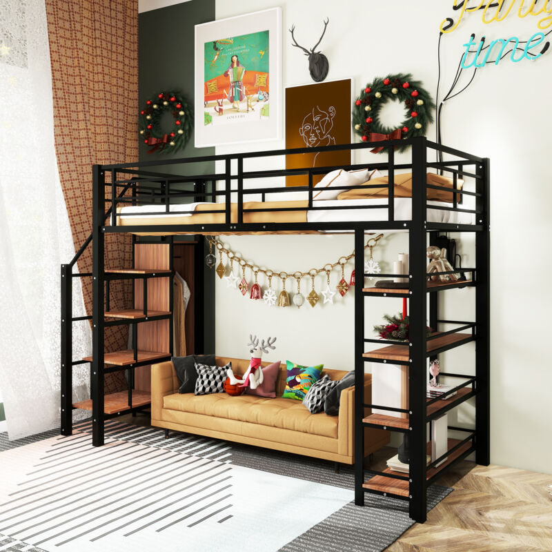 Lit mezzanine 90200, avec escalier de sécurité, espace de rangement et petite penderie, étagères, design clôture haute, lit simple, lit jeune, noir