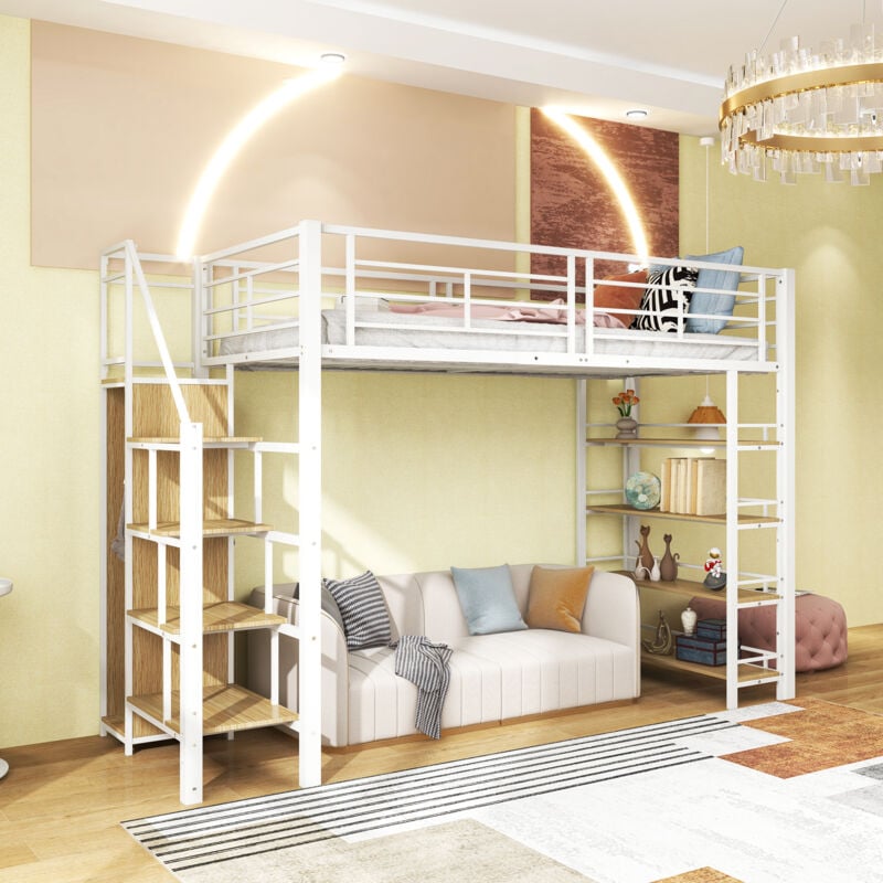 Lit mezzanine 90200, avec escalier de sécurité, espace de rangement et petite penderie, étagères, design haute clôture, lit simple, lit jeune, blanc