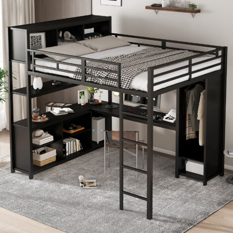 Lit Mezzanine 140×200 cm, Lit Double avec Bureau, Rangement Double Niveau, Armoire et Espace de Rangement, sans Matelas, Noir
