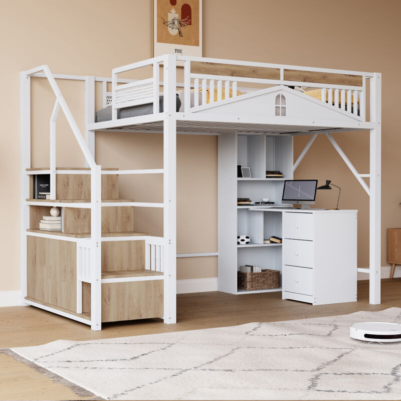 Modenvie Hochbett 140x200 Metallbett Ohne Matratze, bettgestell Mit Sicherheitsgehäuse Mit Fenster, jugendbett Mit Sicherheitsleiter Mit Spind, Weiß