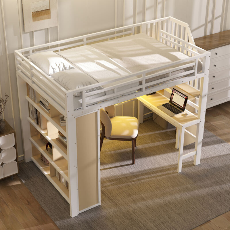 Modenvie Hochbett Funktionsbett 140x200 Cm Mit Led Beleuchtung Und Schreibtisch , jugendbett Mit Ablagefach, bettgestell Treppe Mit Stauraum, weiß(ohne