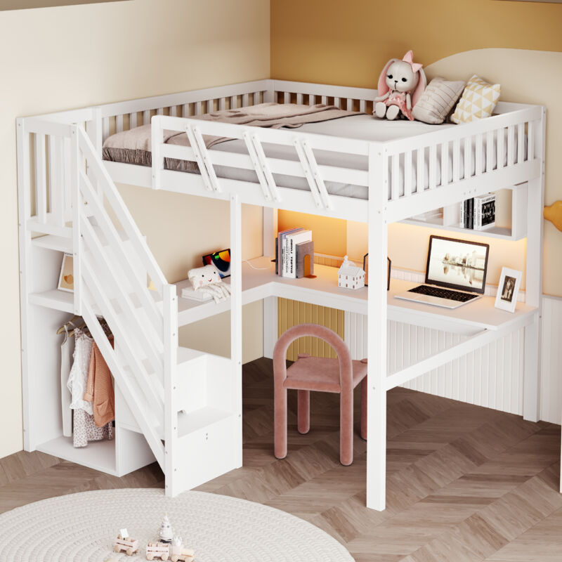 Lit mezzanine 140×200 cm, Lit Double avec Escalier Rangement, Bureau, LED Réglable et USB, sans Matelas, Blanc