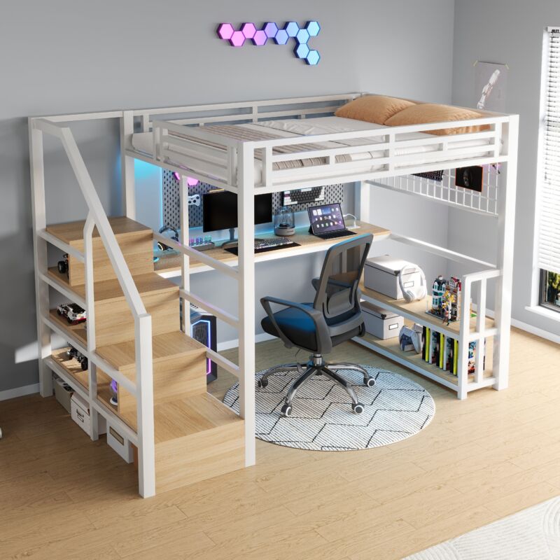 Modenvie Hochbett 140x200 Funktionsbett , mit Lagerregal Und Led-lichtleiste, jugendbett Mit 2 Usb-anschlüssen Und 1 Typ-c-buchse, bettgestell Mit