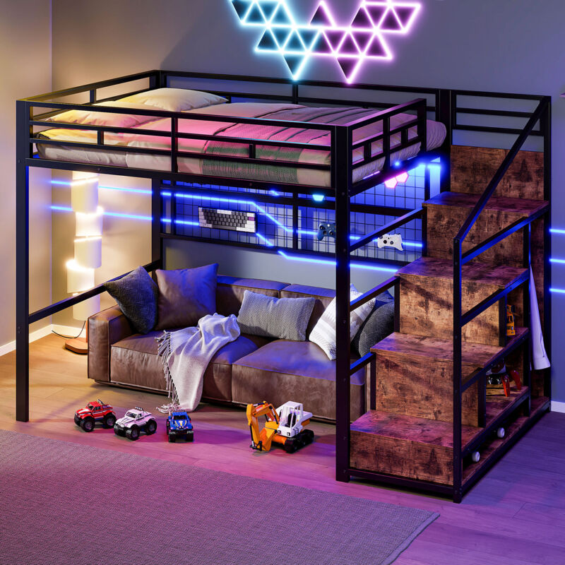 Modenvie Hochbett Erwachsene Mit Kleiderschrank, jugendbett 140 X 200 Mit Led-leuchten, stauraumbett Diy-design Unter Dem Bett, ohne Matratze