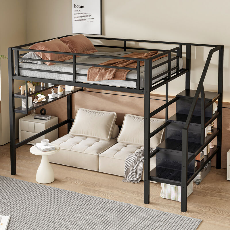 Modenvie Hochbett 140×200 Metallbett Jugendbett Mit Einlegeböden&stauraumleiter, freiraum Unter Dem Bett Zum Verkleiden, ohne Matratze, schwarz