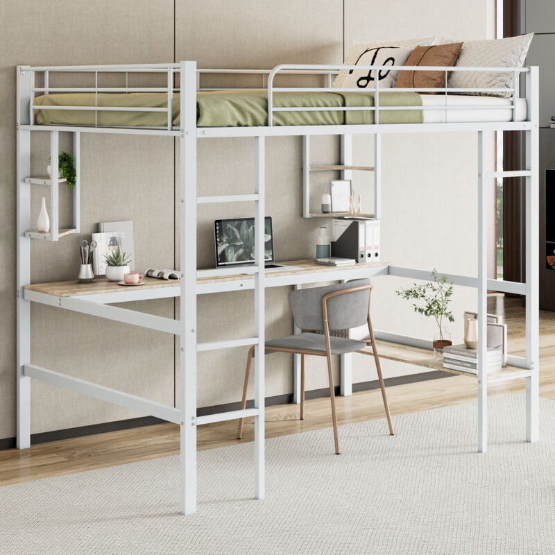 Modenvie Hochbett 140x200 Jugendbett Bettgestell Kinderbett Mit Rausfallschutz, schreibtisch, mit Vier Kleinen Regalen Und Leiter, Weiß(ohne Matratze)