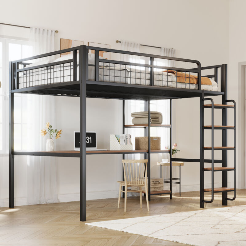 Modenvie Hochbett 140x200 Mit Tisch Und Regalen, eisenbett Mit Metallgitter-sicherheitszaun, jugendbett Mit Sicherheitsleiter-treppenstufen, ohne Matratze,