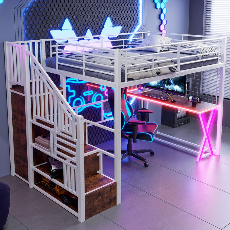 Modenvie Hochbett 140×200 Jugendbett Mit Stauraumleiter Kleiderschrank, Regal Und Schreibtisch, metallbett Ohne Matratze, mit Led-leuchten, weiß