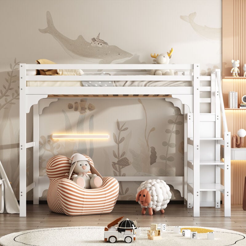 Okwish - Lit mezzanine 140200cm avec sommier à lattes, avec marches, avec penderie, lit jeunesse, rangements.Blanc