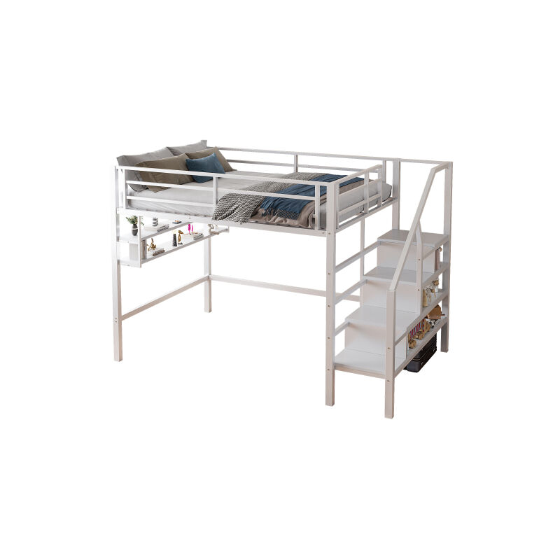 Ineasicer - Lit mezzanine, 140200cm , étagères, échelle de rangement, espace libre sous le lit pour l'habillage, rampe, sans matelas, blanc