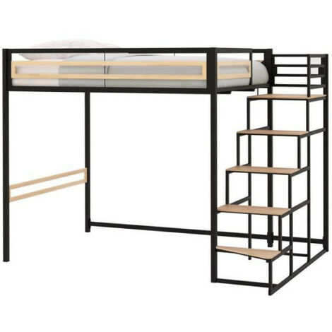 Lit mezzanine 140x190 cm – Métal laqué époxy noir – Sommier inclus – Hauteur 182 cm pour optimisation d'espace