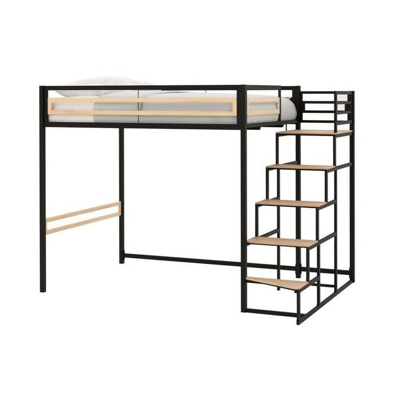 Lit mezzanine - 140x190 cm - Métal - Noir - Sommier inclus - LEON