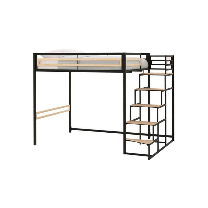 Sans Marque - Lit mezzanine leon - 140x190 cm - Métal noir - Sommier inclus