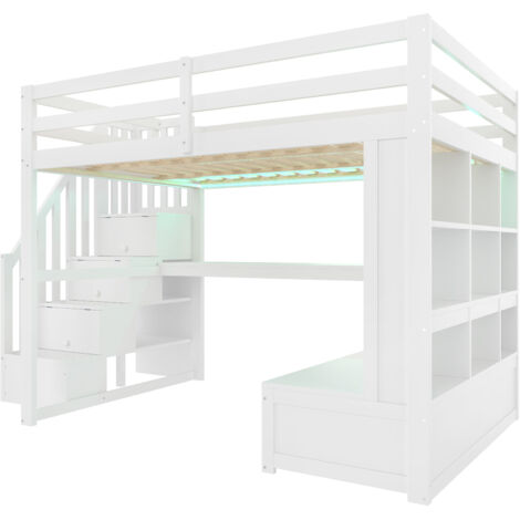 Lit mezzanine 140x200 avec bureau, étagères et 2 tiroirs intégrés, escalier de rangement, structure gain de place, panneau bois, blanc