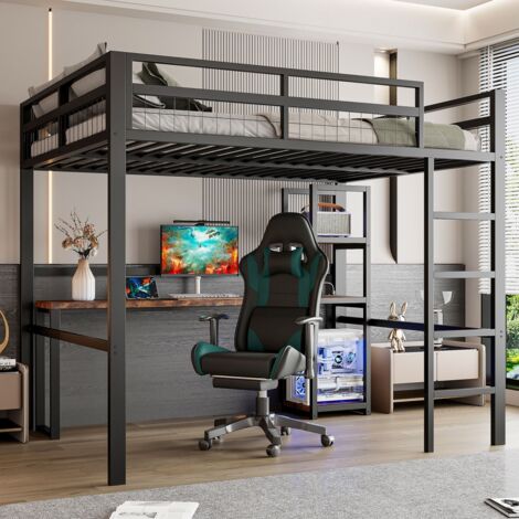 Lit mezzanine 140x200 avec bureau - Prise électrique et port USB-C - Structure fer, étagères , noir (Sans matelas)