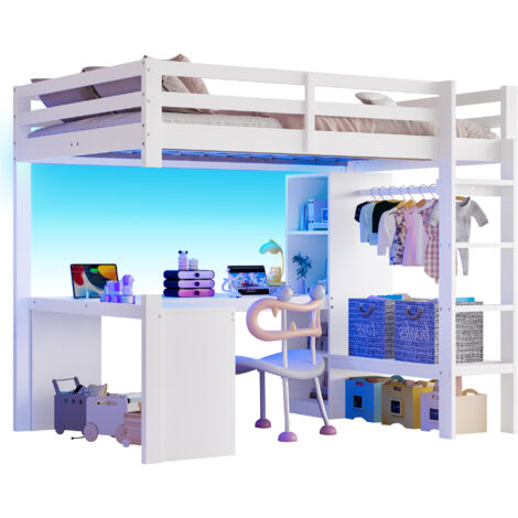 Lit mezzanine 140x200 avec bureau sous lit, étagères multifonctions, éclairage led et ports usb, design gain de place, panneau bois, blanc