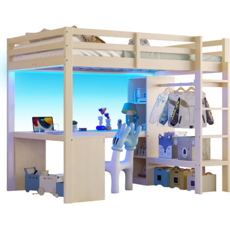 Lit mezzanine 140x200 avec bureau sous lit, étagères multifonctions, éclairage led et usb, design gain de place, panneau bois, couleur bois naturel