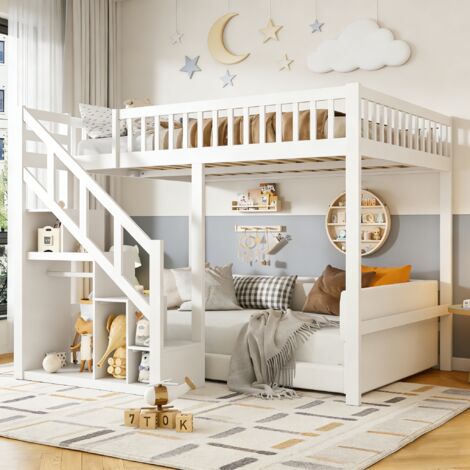 Lit Superposé Enfant 140x200 Cm En Métal - Design Mezzanine Avec Barrières De Sécurité, Lit Cabane Avec Petite Porte