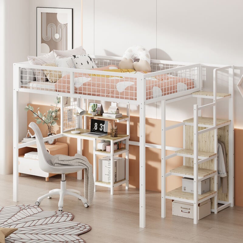 Okwish - Lit mezzanine 140x200 avec échelle de sécurité, lit enfant avec armoire à structure en fer et table d'ordinateur blanc