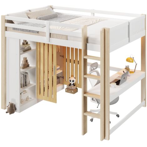 Lit mezzanine 140x200 avec éclairage led, armoire et étagères, rangements intégrés gain de place pour chambre ado, bois, blanc et naturel
