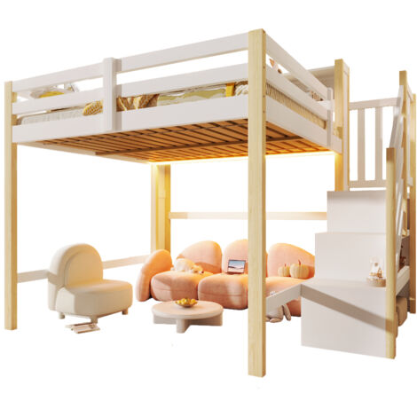 Lit mezzanine 140x200 avec led & grand espace sous le lit, escalier de rangement & étagères ouvertes, design gain de place , bois naturel et blanc
