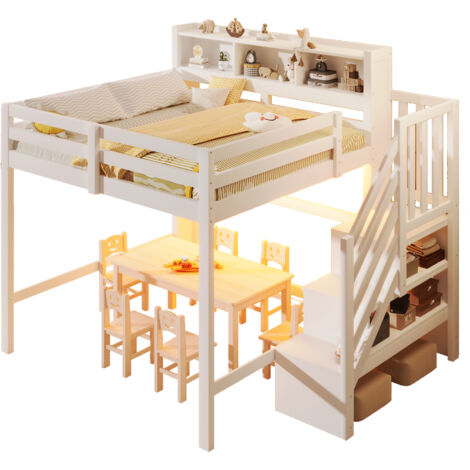 Lit mezzanine 140x200 avec led & grand espace sous le lit, escalier de rangement & étagères ouvertes, design gain de place moderne, robuste - blanc