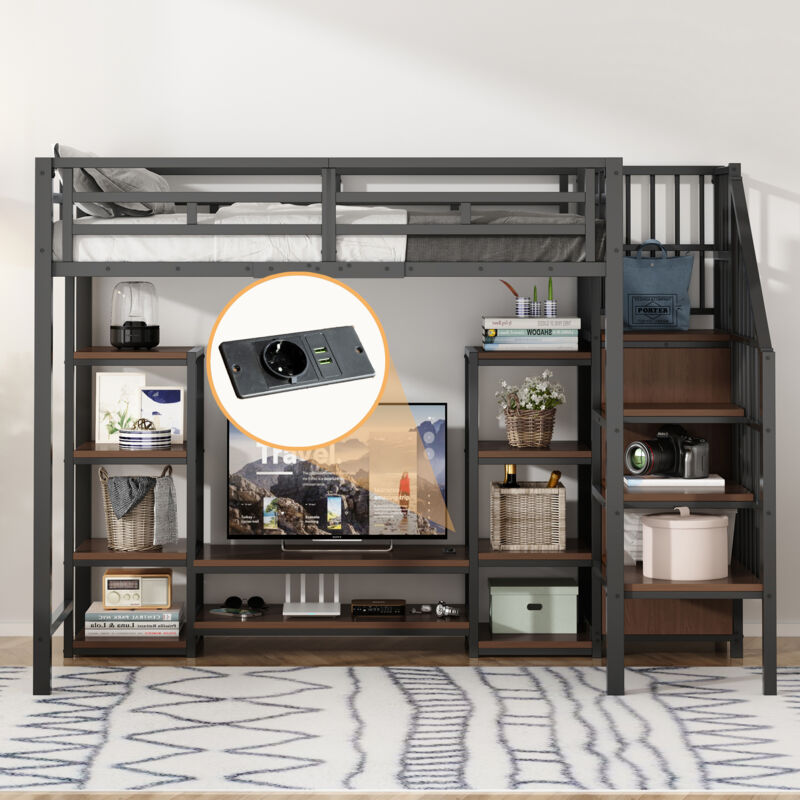 Lit Mezzanine 90x200 avec Support TV, Prise et Échelle de Sécurité, Combinaison Métal-Bois Stable, Lit Mezzanine Moderne et Peu Encombrant, Lit