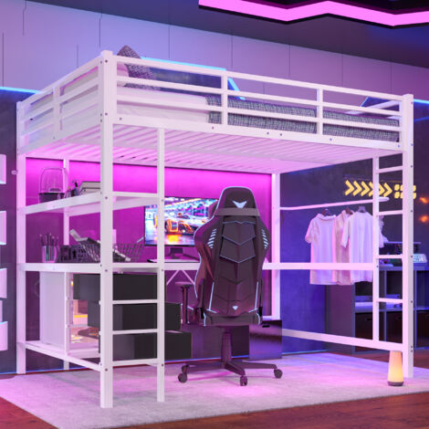 Lit mezzanine 140x200 cm avec 3 tiroirs, lumière LED, bureau, prise électrique + port USB, blanc(sans matelas)