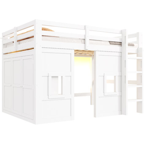 Lit mezzanine 140x200 cm avec armoire intégrée 2 fenêtres éclairage led, lit cabane gain de place chambre enfant ado, structure bois blanc