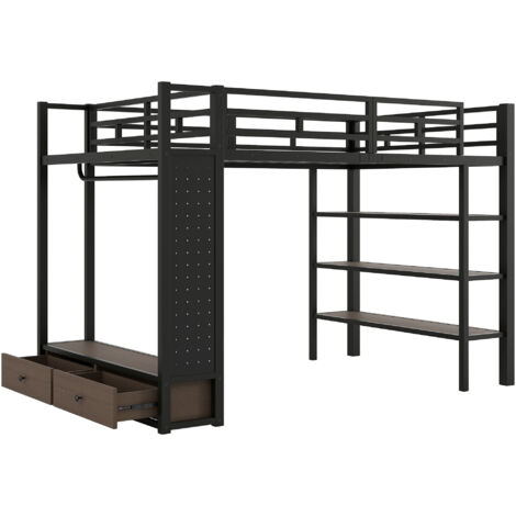 Lit mezzanine 140x200 cm avec armoire ouverte étagères panneau perforé éclairage led, rangement optimisé gain de place chambre ado adulte, noir