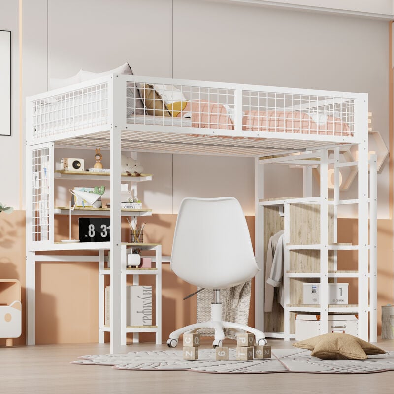 Lit mezzanine 140x200 cm avec bureau, armoire et étagères - structure en métal - lit adulte gain de place - convient aux adultes ou aux adolescents
